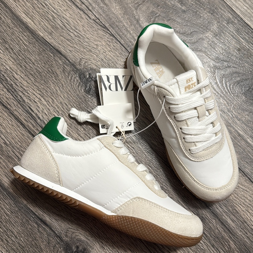Zara quilted sneakers shoes white green size 2 girls new